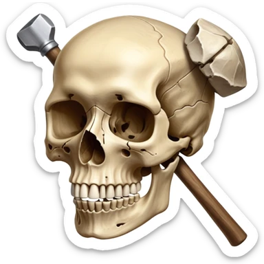 An icon featuring a human skull and fossilized bones, symbolizing the study of anthropology. The design includes archaeological tools like a pickaxe and brush, with a background of ancient artifacts and a globe. Transparent background emphasizes the exploration of human history and evolution. sticker