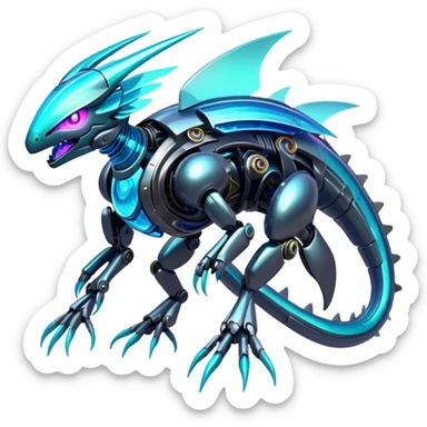  Epic legendary rare glowing mechanical Shiny sparkly transparent bioluminescent luminescent vibrant bright pastel dark exotic iridescent colorful gradients futuristic modern metallic glossy glittery fantasy-cyber-Fakémon-Pokémon-Vernid-creature sticker