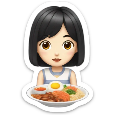 a girl with a black square hairstyle sits and eats Korean onigiriKorean goodies sticker
