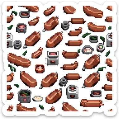sausage factory with meat grinders and production sticker