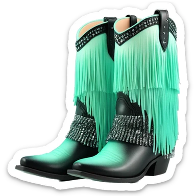 Realistic pastel mint green to black ombre pair of fashion cowgirl boots with sparkly shiny glitter fringe on them. sticker