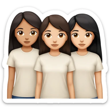 Three sisters, light skin with long dark brown hair, tan skin long black hair, tan skin dark brown short hair, white tee sticker