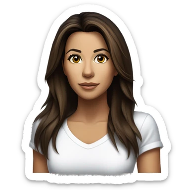 3/4 face, contrasted, shadow, light, Eva Longoria expression, standing, thin nose, brunette woman, hazel eyes, long eyelashes, dark shoulder shaded hair, white t-shirt, jeans, white sneakers sticker