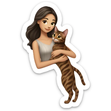 Beautiful skinny woman long dark brown hair in dress hug bengal cat sticker