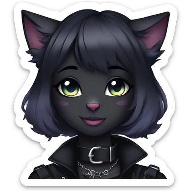 Gorgeous gothic dark techwear anime style anthro black cat furry with blushing face aesthetic and pretty edgy black with collar and harness trending style sticker