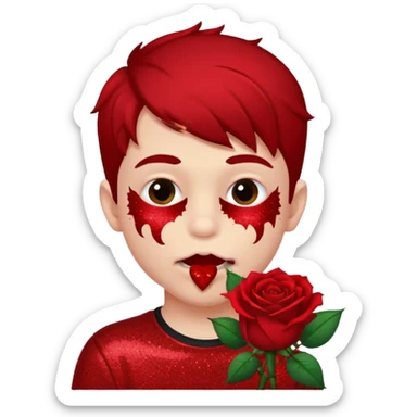 red glitter naughty-looking boy biting a rose in his mouth sticker