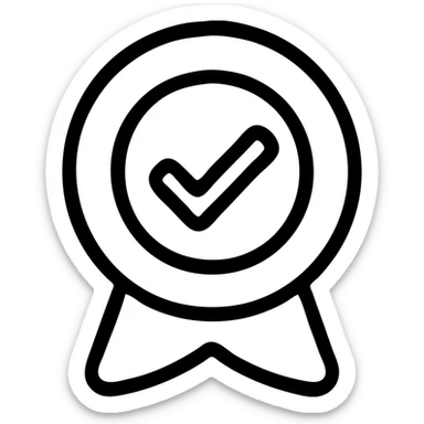 Create a simple black and white text-based emoji of a verified checkmark badge using only keyboard characters, no color or images, just text art. The style is black outlined icon with no fill, focusing on clear and minimalistic text representation. sticker