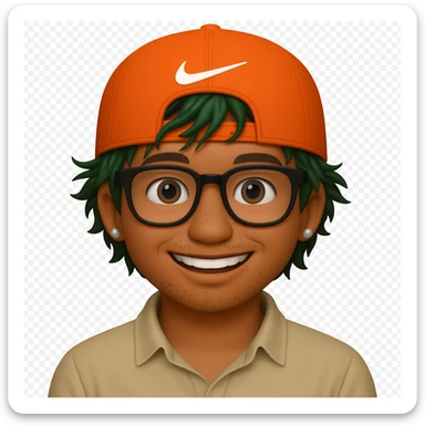 Make the orange cap's visor clearly visible on the back of the head, add more messy green hair in front, and put a small Nike logo on the front of the cap. Keep the street style and big smile. Transparent background. sticker