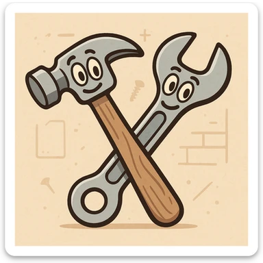 a hammer and wrench crossed, subtle construction elements, flat icon style, minimal color, clear lines, suitable for app icon sticker