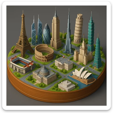 Оставь основу картинки - деревянную подставку, но при этом сгенерируй изометричная, яркая, детализированная и фотореалистичная иллюстрация где будет самые узнаваемые здания мира Эмпайр Стейт Билдинг, Эйфелева башня, Колизей, Сиднейская опера, стадион Сан-Сиро, Белый Дом Пизанская башня, здание МГУ, Бурдж-Халифа, Башни Петронас, Небоскрёб Фостера в Лондоне, Рейхстаг, Тайбэй. Здания не должны повторять и должны быть на картинке в единственном экземпляре sticker