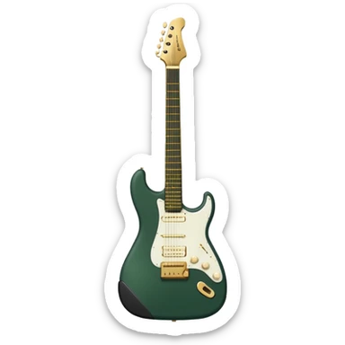 minimalist electric guitar in dark green, closed inside a black rectangular hard case with gold latches, soft matte textures, simplified details sticker