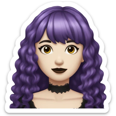 one single alt women, purple hair, wavy hair, medium hair, short bangs, dark makeup, gothic detailed dress, white skin  sticker