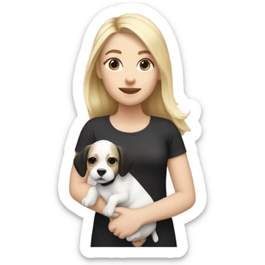 white girl with blonde hair holding black and white puppy sticker