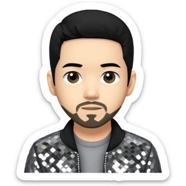 Mike Shinoda with jet black hair, gray sequin outfit sticker