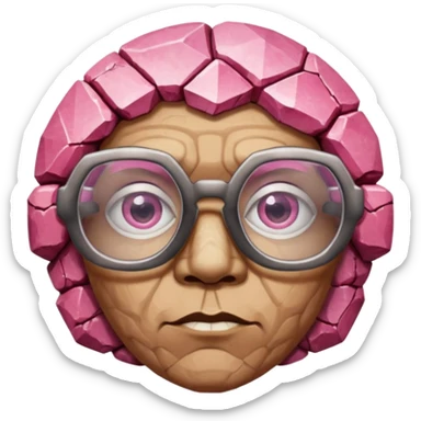 A single pinkfaceted rock head, chunky and worn, with very visible big cracks and chipped facets but still shiny, big glasses sticker
