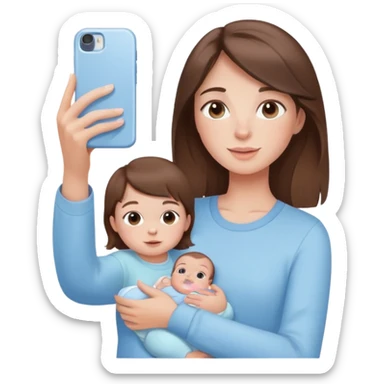 brunette girl with brown hair wearing pastel blue clothes holding a baby and taking a selfie sticker