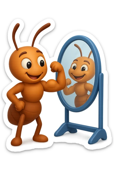 EMOJI STILE IPHONE 3D DI una formica che si guarda allo specchio felice e sicura di sè mentre contrae il suo bicipite muscoloso, fagli anche la parte bianca degli OCCHI, non solo la pupilla sticker