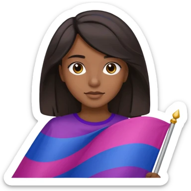 eu com a bandeira bissexual, sou parda, com cabelos negros que vão até a altura dos ombros levemente ondulados, olhos castanhos, sticker