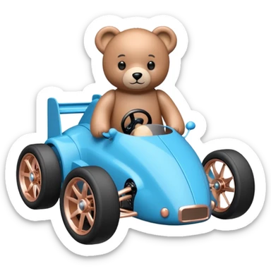 dar crystal blue and rosegold-accented rc racing car driven by a small cute teddy bear with rear spoiler, safety cage, and wheely bar sticker