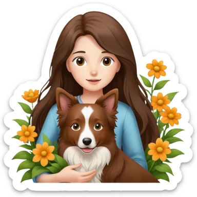 A long-haired girl is holding a brown Border Collie in the flowers sticker