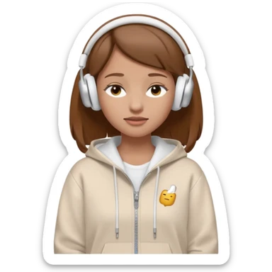 A clean, minimal emoji-style illustration of a light-skinned girl with brown hair worn loose. Her eyes are closed while listening to music with silver AirPods Max. She’s wearing a white zip-up hoodie. Smooth 3D emoji style, soft lighting, neutral tones. sticker