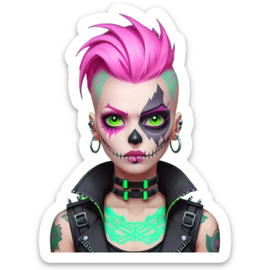Cyberpunk female punk, pink mohawk, skull face tattoos, bionic neck, aggressive expression, neon green lighting sticker