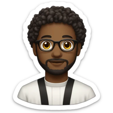 young black catholic priest beard, curly hair, with rounded glasses and clerygman sticker