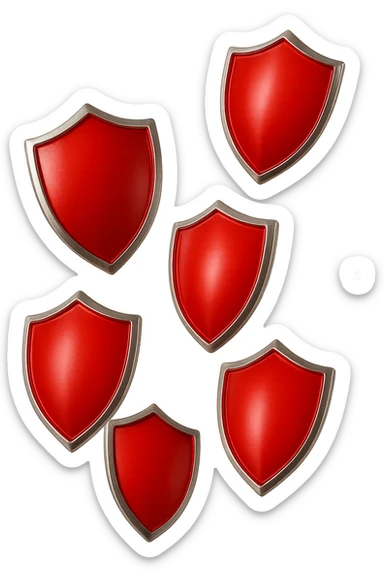 6 scudi 3d rossi che simboleggiano "difesa e protezione", cadono dall'alto casualmente, realistici in 3d, iperrealistico 4k sticker