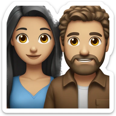 happy couple: girl with long black hair and blue eyes standing next to a man with brown hair and brown beard brown eyes sticker
