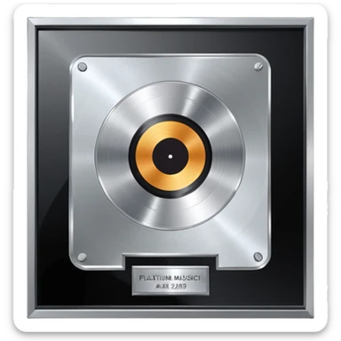 A platinum music award plaque: a square, polished platinum plate with a subtly textured, mirror-like finish, mounted on a simple dark metal base. The center features a relief of a or stylized vinyl record in a slightly darker metallic tone.  sticker