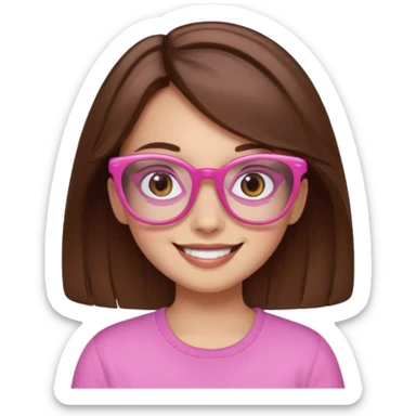 girl with medium brown hair and brown eyes, wearing pink glasses, smiling sticker