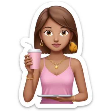 a pretty fair indian bratz girl with brown hair. with a pink cami top, drinking takeaway brown coffee, golden dainty necklace and carrying a white macbook sticker