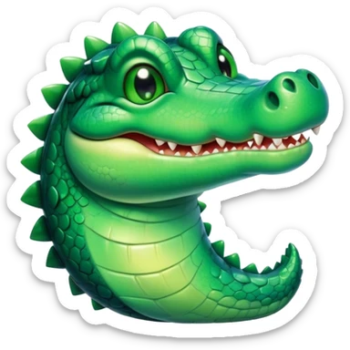 Cinematic Cute Crocodile Portrait Emoji, Head tilted playfully and inquisitively, featuring a smooth, glossy emerald-green hide with subtle textured scales and round, sparkling eyes filled with curious mischief, Simplified yet irresistibly adorable features, highly detailed, glowing with a warm, friendly glow, high shine, affectionate and surprisingly charming, stylized with a touch of wild whimsy, bright and endearing, soft glowing outline, capturing the essence of a mischievous yet lovable crocodile, so playful it feels like it could snap out of the screen into your arms! sticker