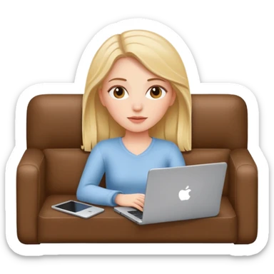 A white girl is lying on a sofa with a laptop sticker