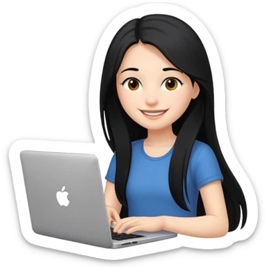 girl with long black hair smiling while typing on laptop sticker
