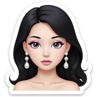 asian long voluminous black hair silver grey eyes glossy lips glittery white and light pink eyeshadow girl pearl earrings sticker
