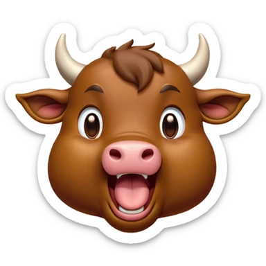 Cinematic Cute Yawning Brown Bull Portrait Emoji, Head tilted slightly with a dramatic, wide-open yawn, showcasing a smooth, rich brown hide with a subtle texture, floppy ears slightly drooping, round dark eyes barely open in drowsy contentment, Simplified yet irresistibly adorable features, highly detailed, glowing with a soft, cozy glow, high shine, relaxed yet expressive, stylized with a touch of rugged whimsy, bright and endearing, soft glowing outline, capturing the essence of a sleepy yet affectionate guardian, so drowsy it feels like it could charge right out of the screen and curl up for a nap! sticker
