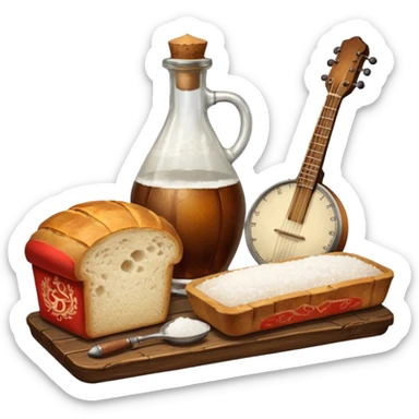 steampunk - a bottle of salt (salt shaker) and a loaf of peasant bread with a small mandolin - still life composition sticker