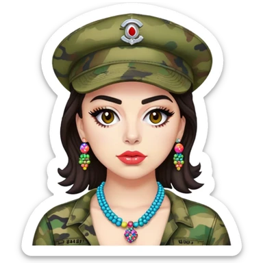charli xcx in colorful beaded necklace and camo hat sticker