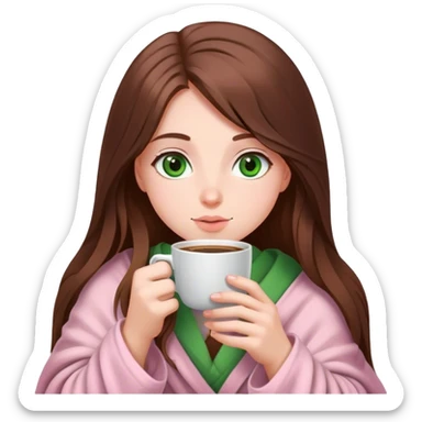 girl with very long brown hair and green eyes in a light pink blanket sipping coffee sticker