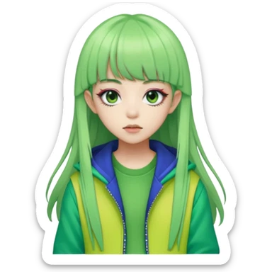 portrait-of-a-green skin alien-k-pop-idol,-wearing-a-stylish-streetwear-outfit-with-layered-colorful-clothing,-long-hair-with-bangs,-makeup,- sticker