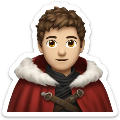 A young swordsman with messy brown hair wearing a red cloak with white fur, as well as a black scarf wrapped around his neck sticker