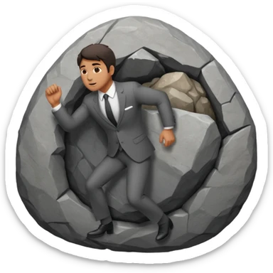 a man in a suit  pushing a huge rock sticker