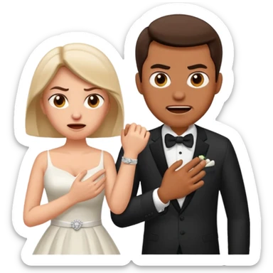 a man angrily moving his wife out the way she looks satisfied sticker