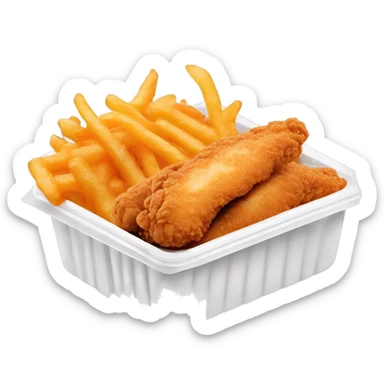 3 chicken tenders with crinkle fries and orange sauce on the side in a styrofoam container styrofoam container sticker