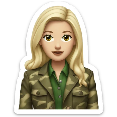 White girl with Long blonde hair and green eyes, camouflage Wool oversize blazer, mini skirt and Brown leather boots  sticker