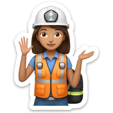 Brunette brown Girl full body standing with her white security helmet and security vest that fits her big on, also with her black backpack sticker