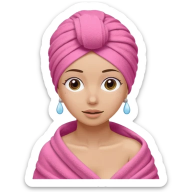 Lady with a pink turbant towel in her hair and a towel in her body coming out of the shower sticker