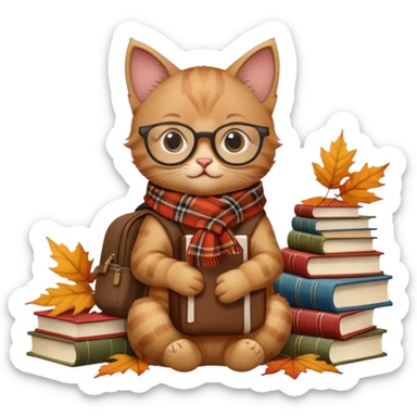 A soft brown kitten with a plaid scarf, tiny bookbag, and glasses, sitting on a stack of books with falling autumn leaves. sticker