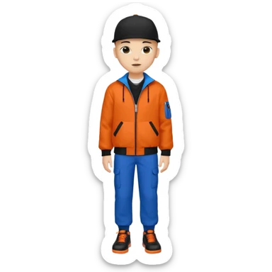 bald 16 year old wearing a black cap and a orange jacket but the collar is a letter v connecting until the bottom and the outline is black and black pocket and blue pants with red pockets and black shoes sticker